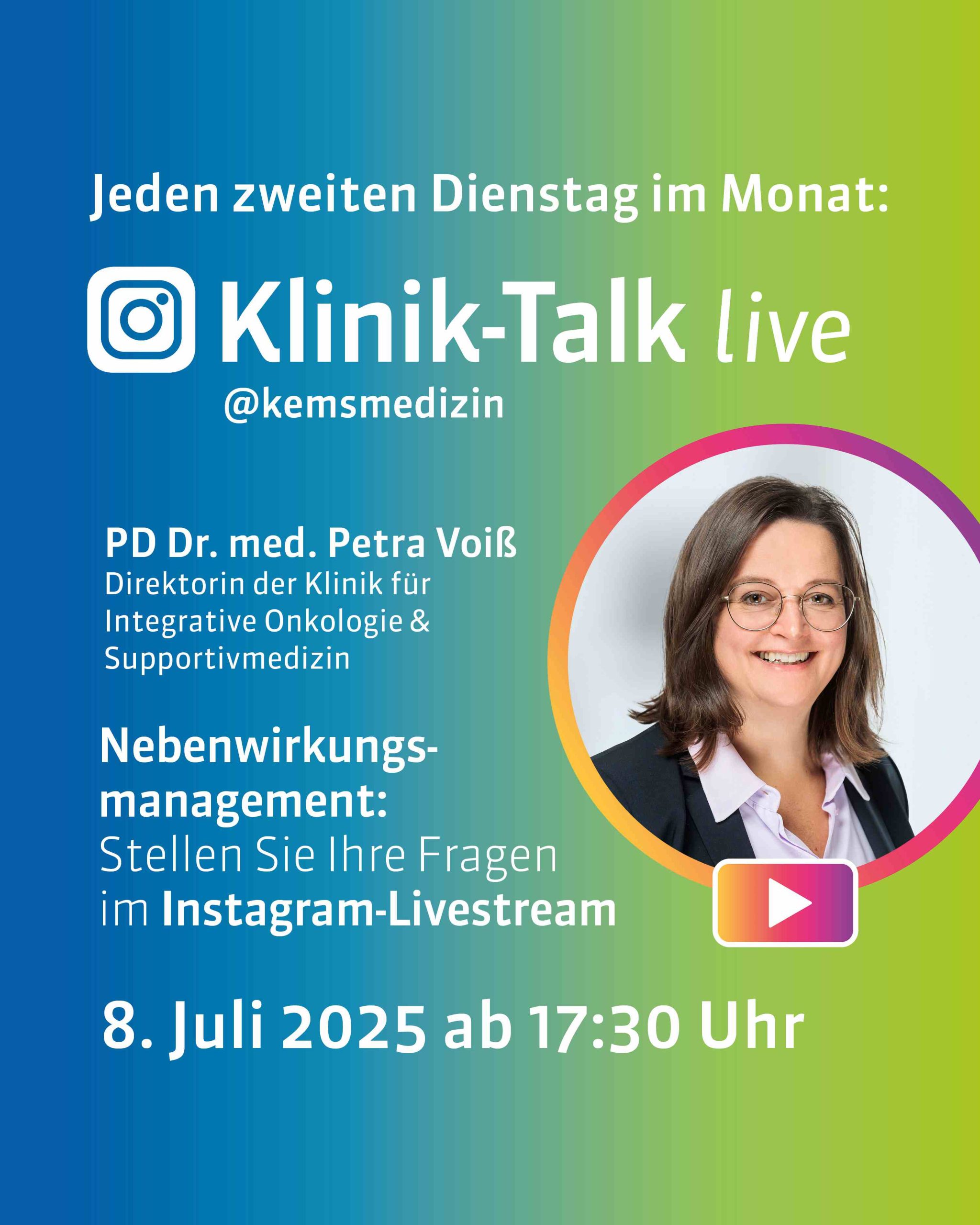 Live-Talk „Nebenwirkungsmanagement bei Krebstherapie“ der Evang. Kliniken Essen-Mitte bei Instagram