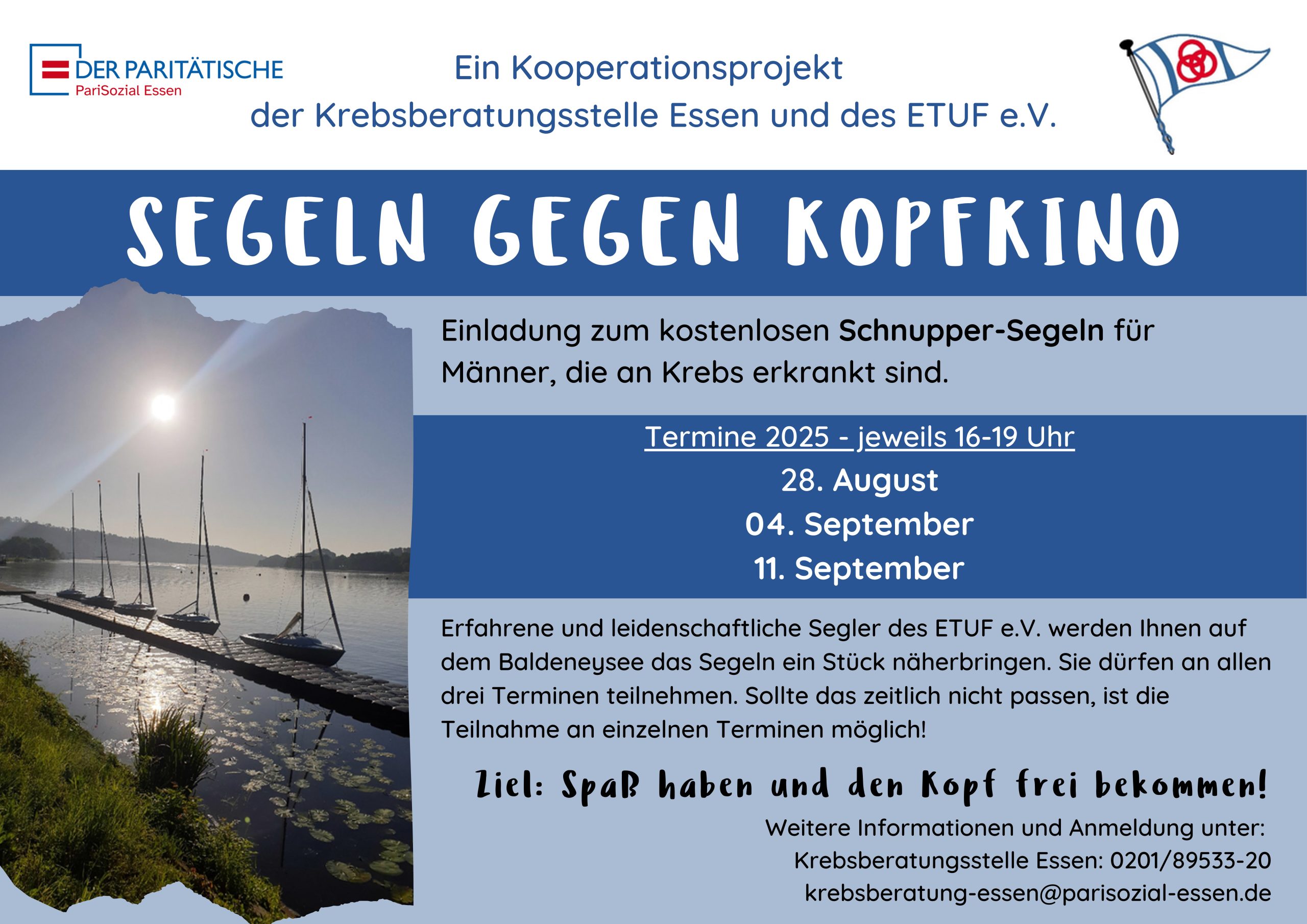 SEGELN GEGEN KOPFKINO - Einladung zum kostenlosen Schnupper-Segeln für Männer, die an Krebs erkrankt sind.