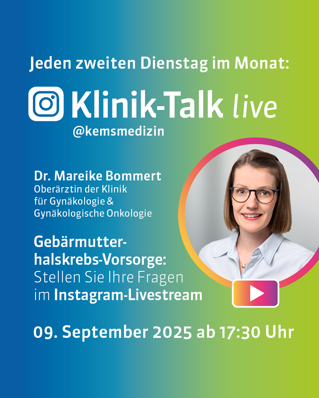 Live-Talk „Gebärmutterhalskrebs-Vorsorge“ – Evang. Kliniken Essen-Mitte informieren auf Instagram