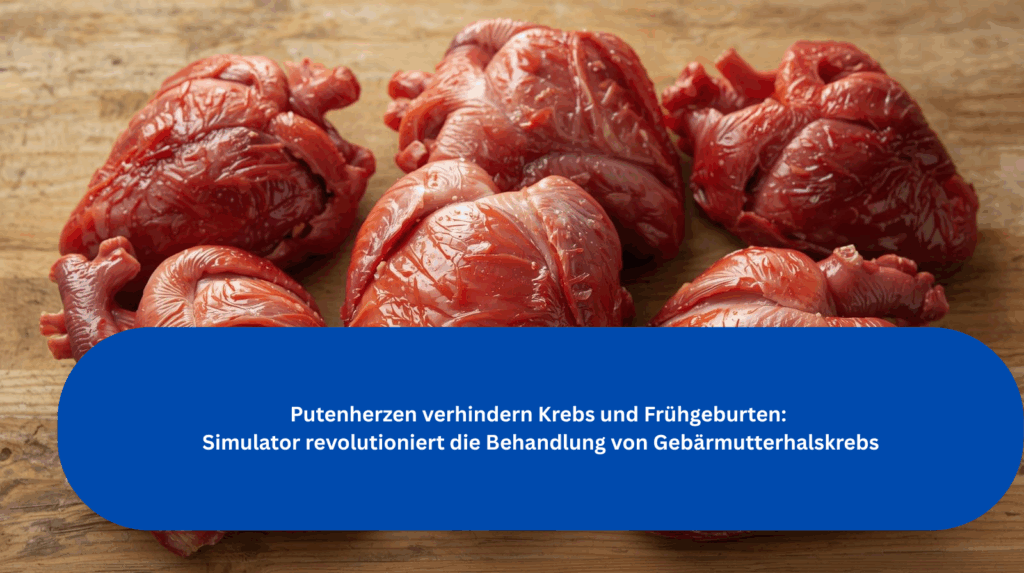 Rohes Putenherzen-Gewebe liegt in mehreren Stücken nebeneinander auf einer Holzoberfläche. Im Vordergrund befindet sich ein blauer Balken mit weißer Schrift. Darauf steht: „Putenherzen verhindern Krebs und Frühgeburten: Simulator revolutioniert die Behandlung von Gebärmutterhalskrebs.“