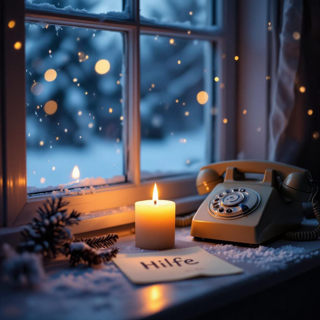 Ein warmes, einfühlsames Wintermotiv: Eine beleuchtete Fensterbank in der Dunkelheit, draußen sanfter Schneefall. Drinnen brennt eine kleine Kerze, daneben liegt ein Telefon und ein Zettel mit dem Wort „Hilfe“. Das Licht schafft eine Atmosphäre von Geborgenheit und Hoffnung. Farben: warme Gold- und sanfte Blautöne. Stimmung: ruhig, tröstlich, unterstützend. Keine Personen, nur symbolische Darstellung von Erreichbarkeit und Unterstützung.