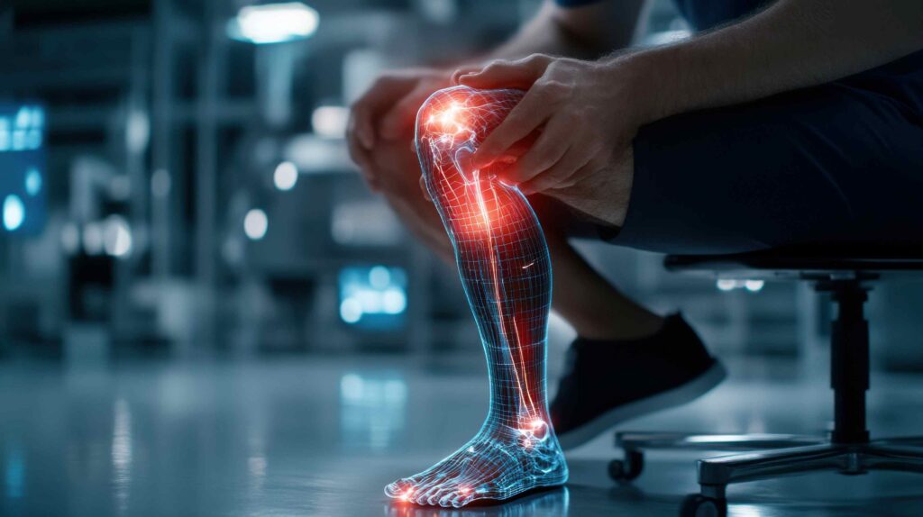 Ein Mensch sitzt auf einem Stuhl in einer modernen, unscharf dargestellten Labor- oder Klinikumgebung und hält sich mit beiden Händen das rechte Bein oberhalb des Knies. Über dem Bein liegt eine transparente, digital wirkende Visualisierung des Skeletts und der Nervenbahnen, die in leuchtendem Blau und Rot dargestellt ist. Mehrere rote Lichtpunkte markieren Schmerz- oder Entzündungsherde in Knie, Hüfte, Knöchel und entlang des Beins. Die Szene vermittelt den Eindruck einer medizinischen Untersuchung oder einer Analyse neuromuskulärer Schmerzen.