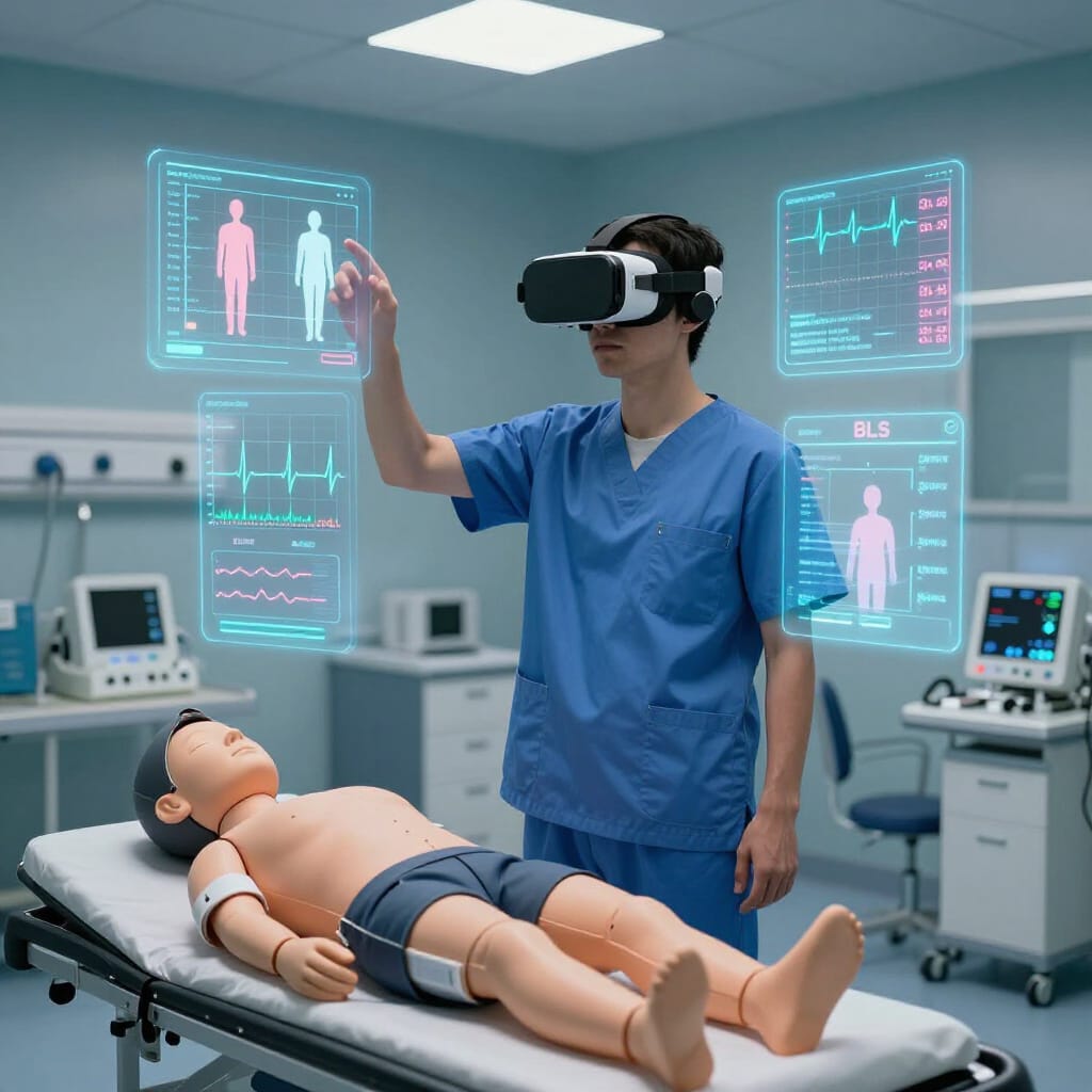 Eine Medizinstudentin bzw. ein Medizinstudent trägt ein VR-Headset und steht in einer realistisch dargestellten Notfallsituation in einem Klinikraum. Um die Person herum erscheinen virtuelle, halbtransparente Hologramme: CPR-Ablauf, Herzrhythmusdiagramme, BLS-Grundlagen, Wiederbelebungsprotokolle. Im Raum befinden sich ein Reanimationsmodell (Übungspuppe), medizinische Geräte und Monitore. Die Szene zeigt eine klare Verschmelzung von realer Umgebung und virtueller Simulation. Die Stimmung wirkt modern, konzentriert und lehrorientiert. Darstellung: fotorealistisch, scharf, professionell, hohe Detailtiefe.