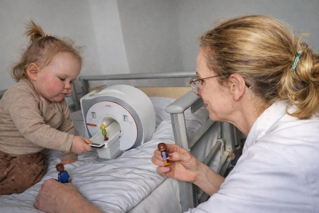 Ein kleines Kind sitzt auf einem Krankenhausbett und spielt mit einem Modell eines MRT-Geräts aus Kunststoff. Vor dem Gerät befindet sich eine kleine Plattform, auf der eine Spielfigur liegt, die in die Öffnung des Modells geschoben werden kann. Eine Frau im weißen Kittel sitzt daneben am Bettrand und hält ebenfalls eine Spielfigur in der Hand. Sie schaut dem Kind zu und erklärt offenbar spielerisch den Ablauf einer Untersuchung. Das Kind konzentriert sich auf das Spielzeug. Die Szene wirkt ruhig und freundlich und findet in einem Patientenzimmer statt.
