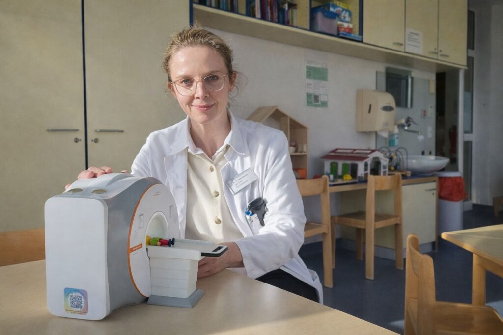 Eine Frau im weißen Arztkittel sitzt an einem Tisch in einem kinderfreundlich eingerichteten Untersuchungsraum und blickt in die Kamera. Vor ihr steht ein Modell eines MRT-Geräts für Kinder, daneben liegt eine kleine Plattform mit bunten Spielfiguren, die in das Modell geschoben werden können. Im Hintergrund sind Regale mit Büchern und Spielmaterial sowie kleine Kinderstühle und ein Spielhaus zu sehen. Der Raum wirkt hell und freundlich und ist offenbar dafür eingerichtet, Kindern medizinische Abläufe spielerisch zu erklären.