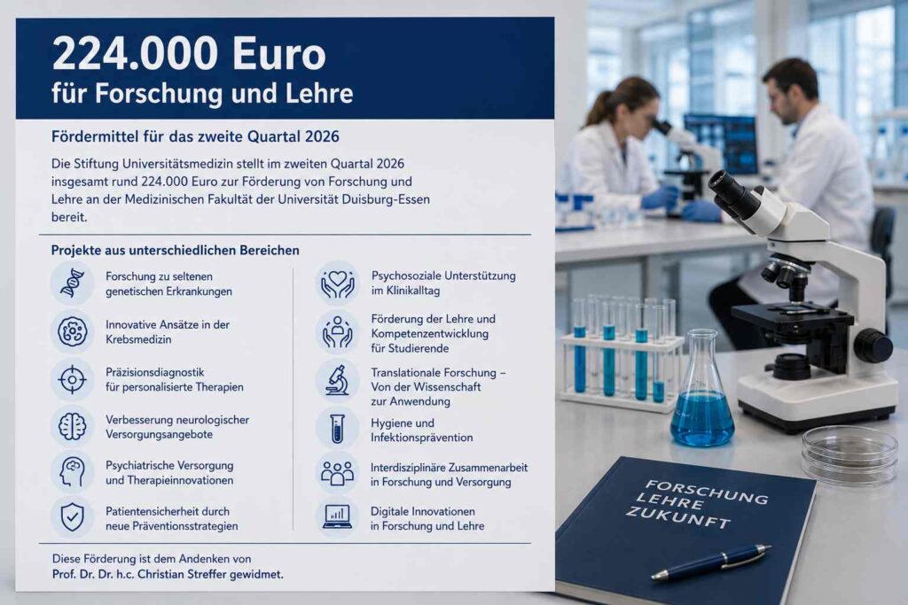 Informationsgrafik der Stiftung Universitätsmedizin zur Forschungsförderung. Auf der linken Seite steht in großer weißer Schrift auf dunkelblauem Hintergrund: „224.000 Euro für Forschung und Lehre“. Darunter wird erläutert, dass im zweiten Quartal 2026 rund 224.000 Euro zur Förderung von Forschung und Lehre an der Medizinischen Fakultät der Universität Duisburg-Essen bereitgestellt werden. Im unteren Bereich sind Förderthemen mit Symbolen aufgelistet, darunter Forschung zu seltenen genetischen Erkrankungen, innovative Krebsmedizin, Präzisionsdiagnostik für personalisierte Therapien, neurologische und psychiatrische Versorgung, Patientensicherheit, psychosoziale Unterstützung im Klinikalltag, Lehre und Kompetenzentwicklung für Studierende, translationale Forschung, Hygiene und Infektionsprävention, interdisziplinäre Zusammenarbeit sowie digitale Innovationen. Rechts zeigt ein Laborfoto mit einem Mikroskop im Vordergrund, Reagenzgläsern und einer mit blauer Flüssigkeit gefüllten Laborflasche. Im Hintergrund arbeiten zwei Personen in weißen Laborkitteln an einem Labortisch. Auf einer blauen Mappe liegt ein Kugelschreiber; die Mappe trägt die Aufschrift „Forschung, Lehre, Zukunft“. Am unteren Rand der Grafik steht, dass die Förderung dem Andenken von Prof. Dr. Dr. h.c. Christian Streffer gewidmet ist.