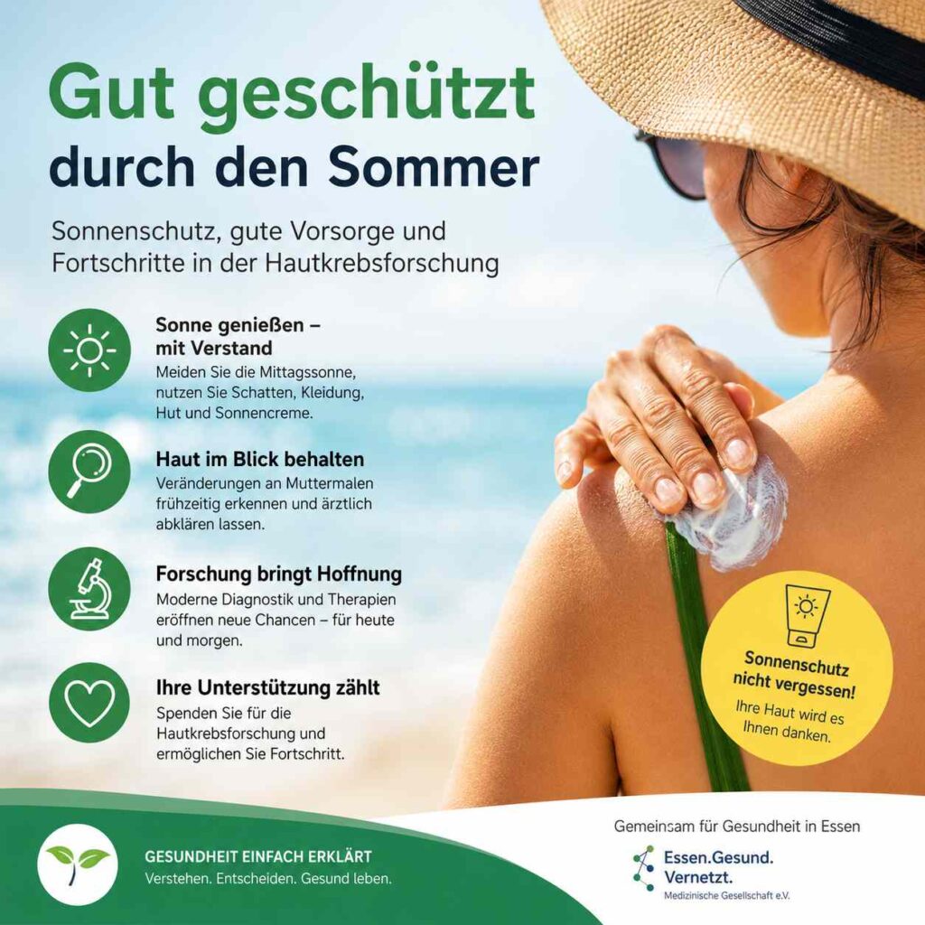 Quadratische Social-Media-Grafik zum Thema Sonnenschutz. Rechts ist eine Person mit Sonnenhut am Strand zu sehen, die Sonnencreme auf ihre Schulter aufträgt. Links stehen die Überschrift „Gut geschützt durch den Sommer“ sowie Informationen zu Sonnenschutz, Hautkrebsvorsorge und Forschung. Vier Symbole mit kurzen Hinweisen betonen: Mittagssonne meiden, Hautveränderungen beobachten, Fortschritte in Diagnostik und Therapie sowie die Unterstützung der Hautkrebsforschung. Unten befinden sich das Logo von „Gesundheit einfach erklärt“ und der Hinweis „Gemeinsam für Gesundheit in Essen“. Die Gestaltung verwendet überwiegend Grün-, Blau- und Sandtöne und vermittelt einen positiven, sommerlichen Eindruck.