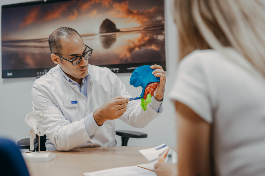 Ein Arzt erklärt einer Patientin anhand eines farbigen anatomischen Beckenknochenmodells den Aufbau des Hüftgelenks. Er zeigt mit einem Stift auf das Modell, während die Patientin aufmerksam zuhört. Im Hintergrund hängt ein großformatiges Landschaftsbild.
