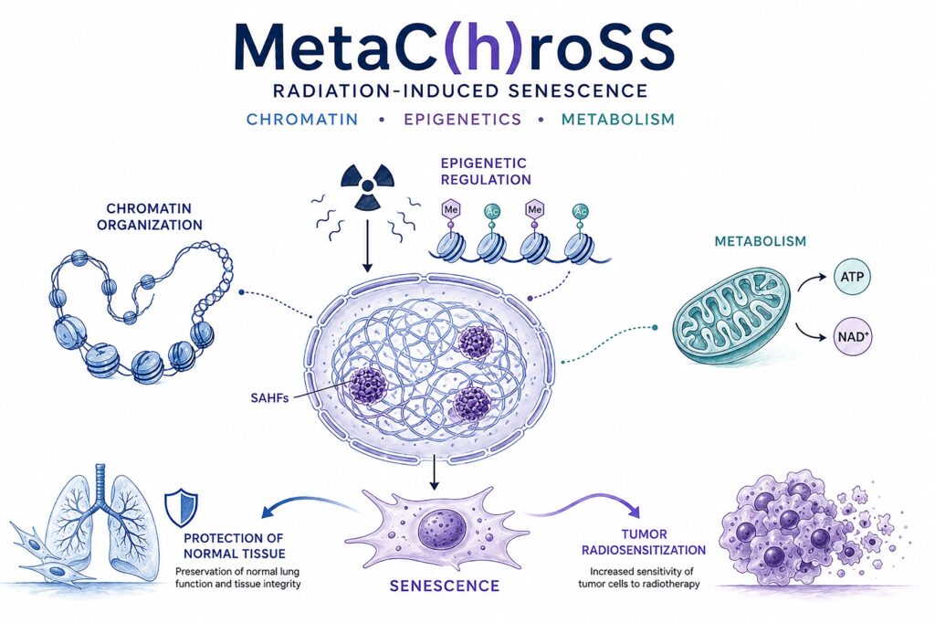 Schematische Darstellung des Forschungsprojekts MetaC(h)roSS zur strahleninduzierten Zellalterung. Im Zentrum steht eine durch Strahlung beeinflusste Zelle. Untersucht wird das Zusammenspiel von Chromatinorganisation, epigenetischer Regulation und Zellstoffwechsel. Die Grafik zeigt als Forschungsziele den Schutz von gesundem Lungengewebe und eine erhöhte Strahlenempfindlichkeit von Tumorzellen, um die Strahlentherapie wirksamer und nebenwirkungsärmer zu machen.