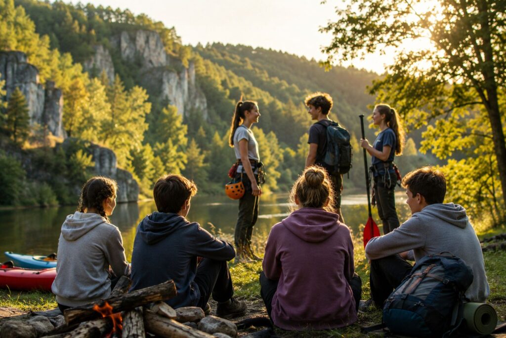 Jugendliche sitzen und stehen gemeinsam an einem See in einer bewaldeten Felslandschaft. Neben ihnen liegen Kajaks und Kletterausrüstung; im Vordergrund brennt ein kleines Lagerfeuer.